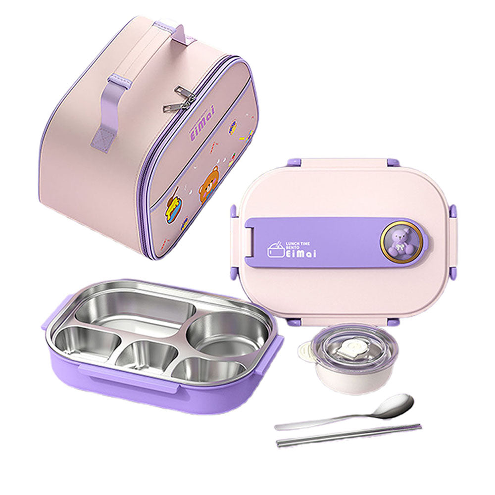 Little Surprise Box Purple Teddy Big Size Size Stainless Steel Lunch Box /Tiffin with Insulated Matching Lunch Bag, stainless steel spoon and chopsticks for Kids & Adults, 1500ml