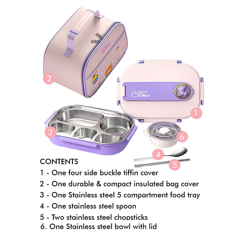 Little Surprise Box Purple Teddy Big Size Size Stainless Steel Lunch Box /Tiffin with Insulated Matching Lunch Bag, stainless steel spoon and chopsticks for Kids & Adults, 1500ml