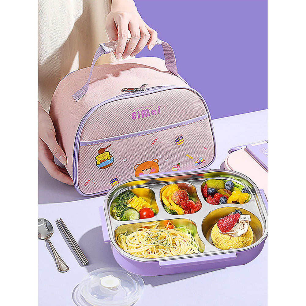 Little Surprise Box Purple Teddy Big Size Size Stainless Steel Lunch Box /Tiffin with Insulated Matching Lunch Bag, stainless steel spoon and chopsticks for Kids & Adults, 1500ml