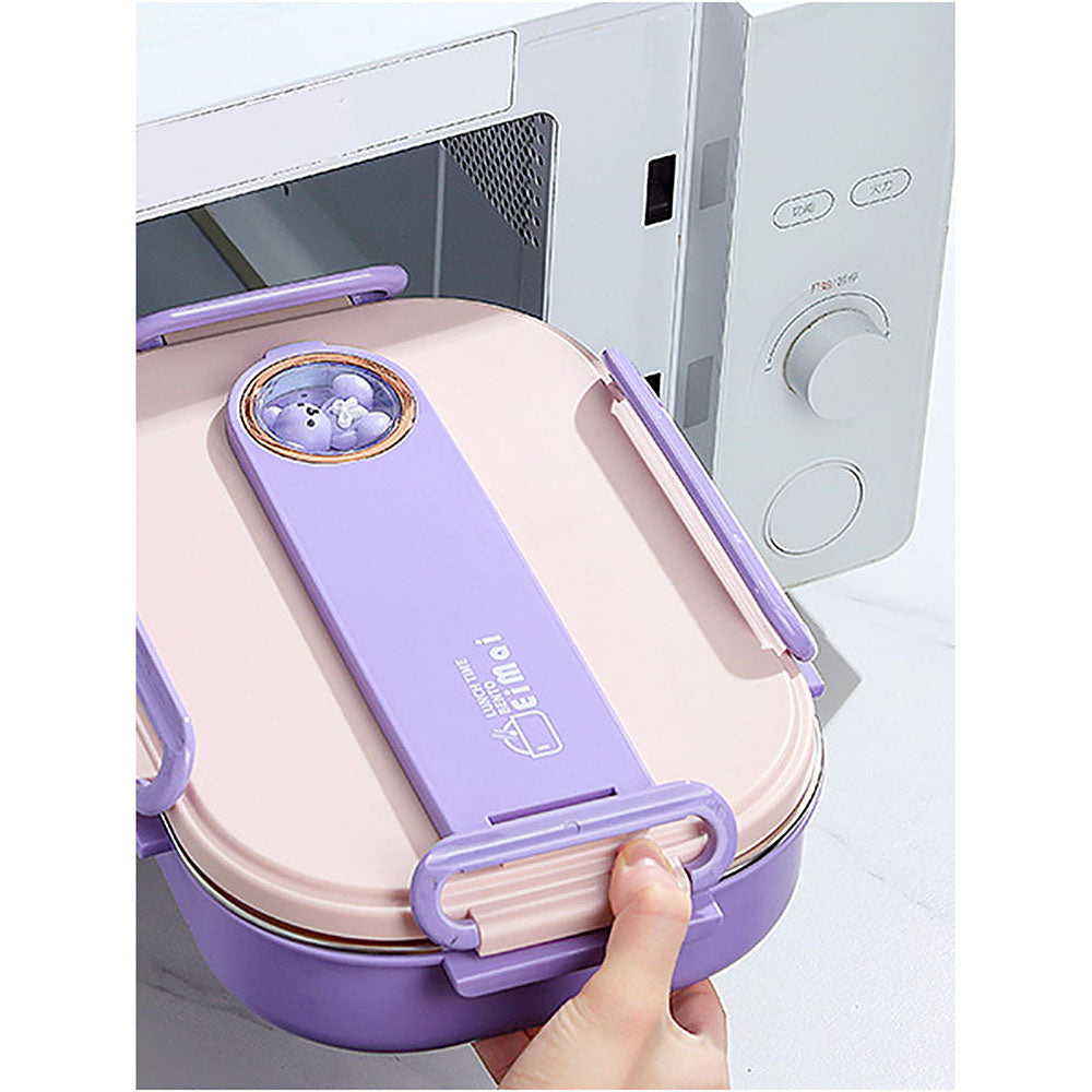 Little Surprise Box Purple Teddy Medium Size Size Stainless Steel Lunch Box /Tiffin with Insulated Matching Lunch Bag, stainless steel spoon and chopsticks for Kids & Adults, 1000 ml