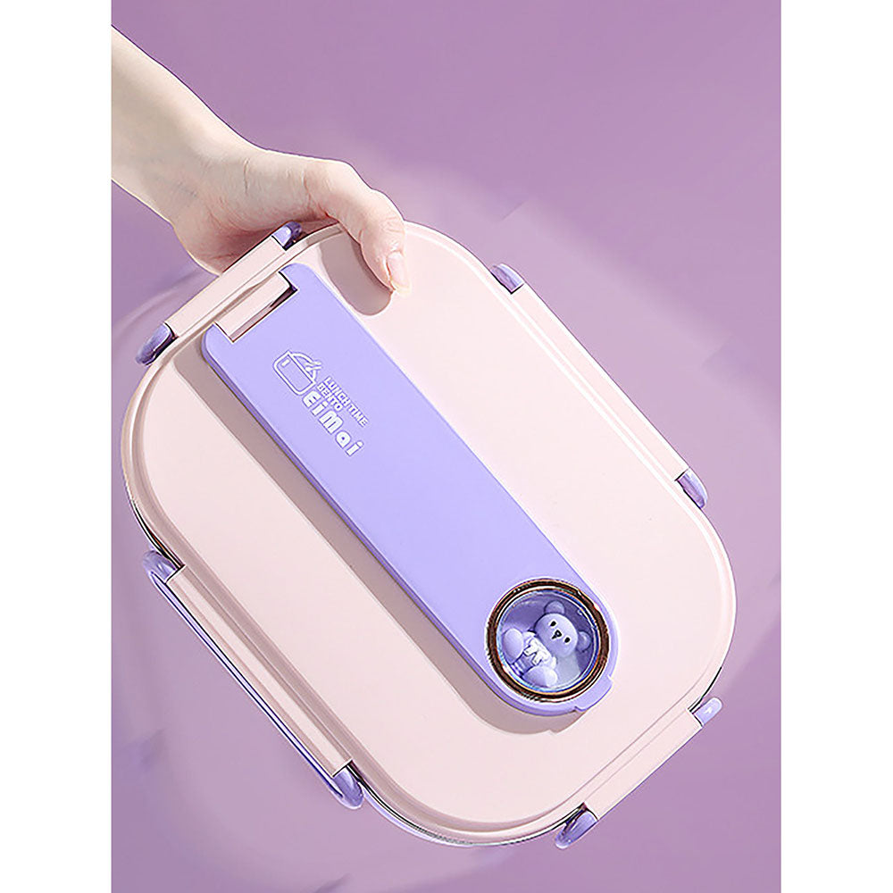 Little Surprise Box Purple Teddy Medium Size Size Stainless Steel Lunch Box /Tiffin with Insulated Matching Lunch Bag, stainless steel spoon and chopsticks for Kids & Adults, 1000 ml