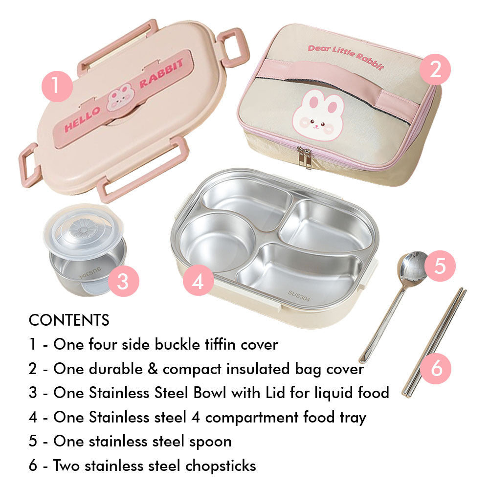 Little Surprise Box Big Size Stainless Steel Lunch Box /Tiffin With Insulated Matching Lunch Bag For Kids And Adults, Pink Rabbit