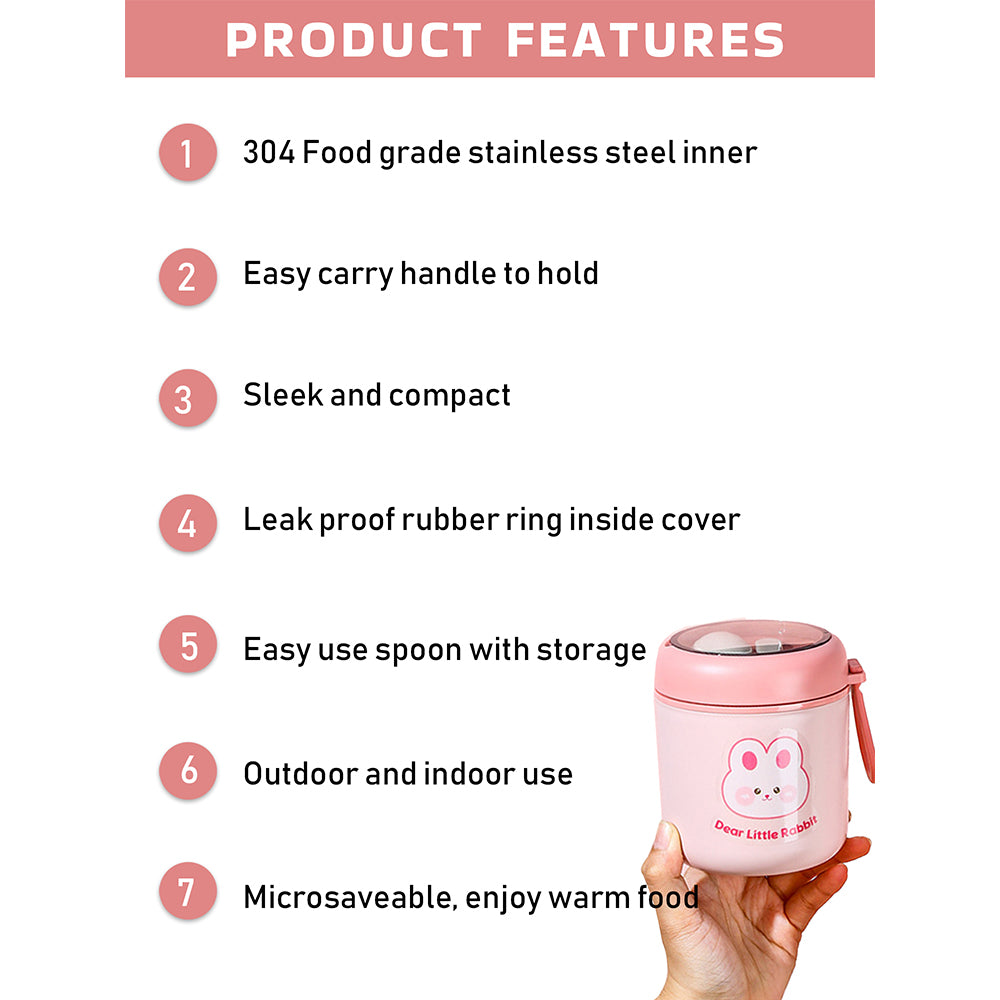 Little Surprise Box Pink Rabbit, Stainless Steel Soup Box /Tiffin with Insulated Vertical Tiffin Bag with detachable Spoon for Kids and Adults.