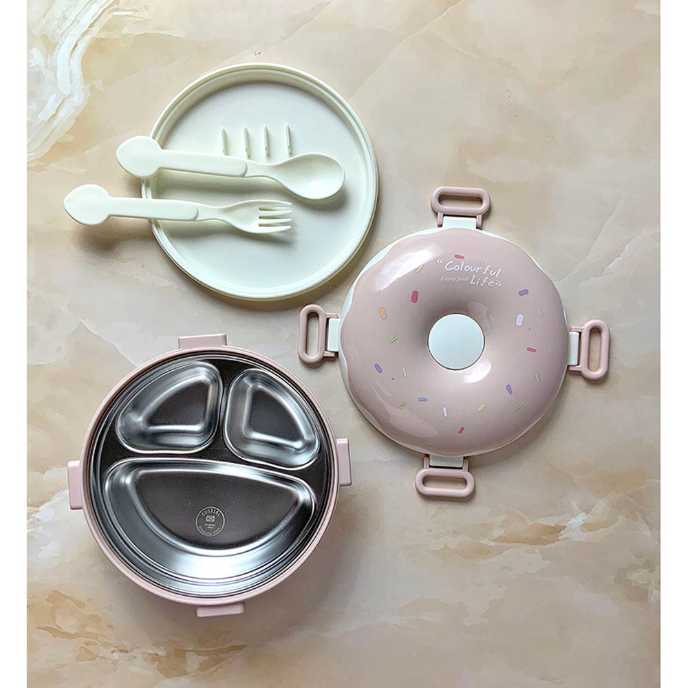 Little Surprise Box Pink Donut Medium Size, Stainless Steel Lunch Box with spoon and Fork for Kids & Adults, 300ml