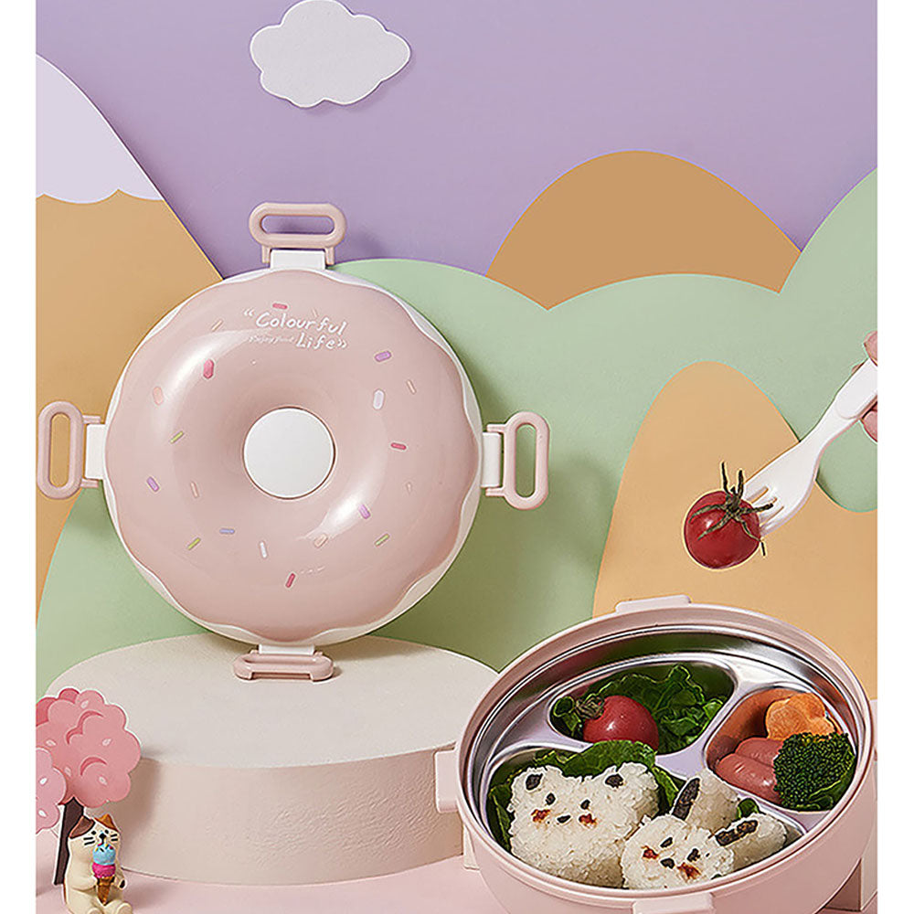 Little Surprise Box Pink Donut Medium Size, Stainless Steel Lunch Box with spoon and Fork for Kids & Adults, 300ml