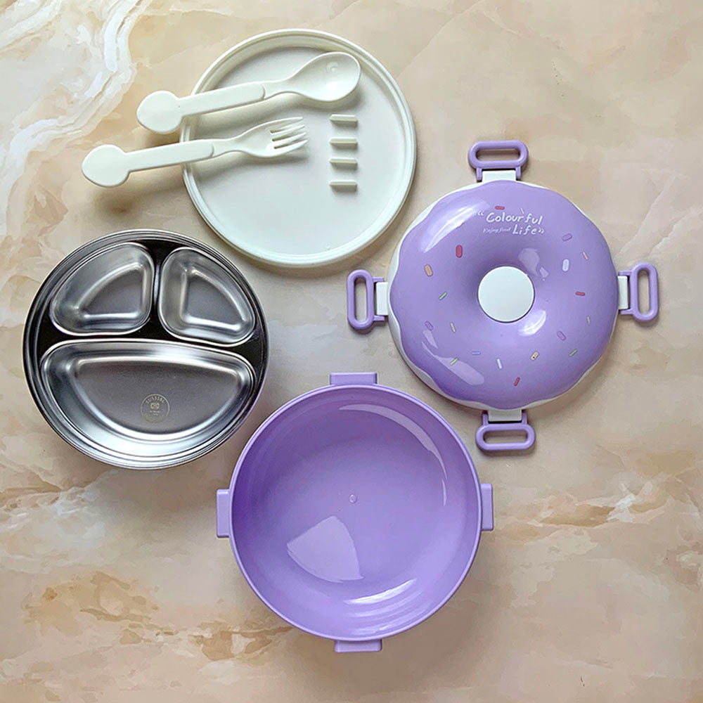 Little Surprise Box Purple Donut Medium Size, Stainless Steel Lunch Box with spoon and Fork for Kids & Adults, 300ml