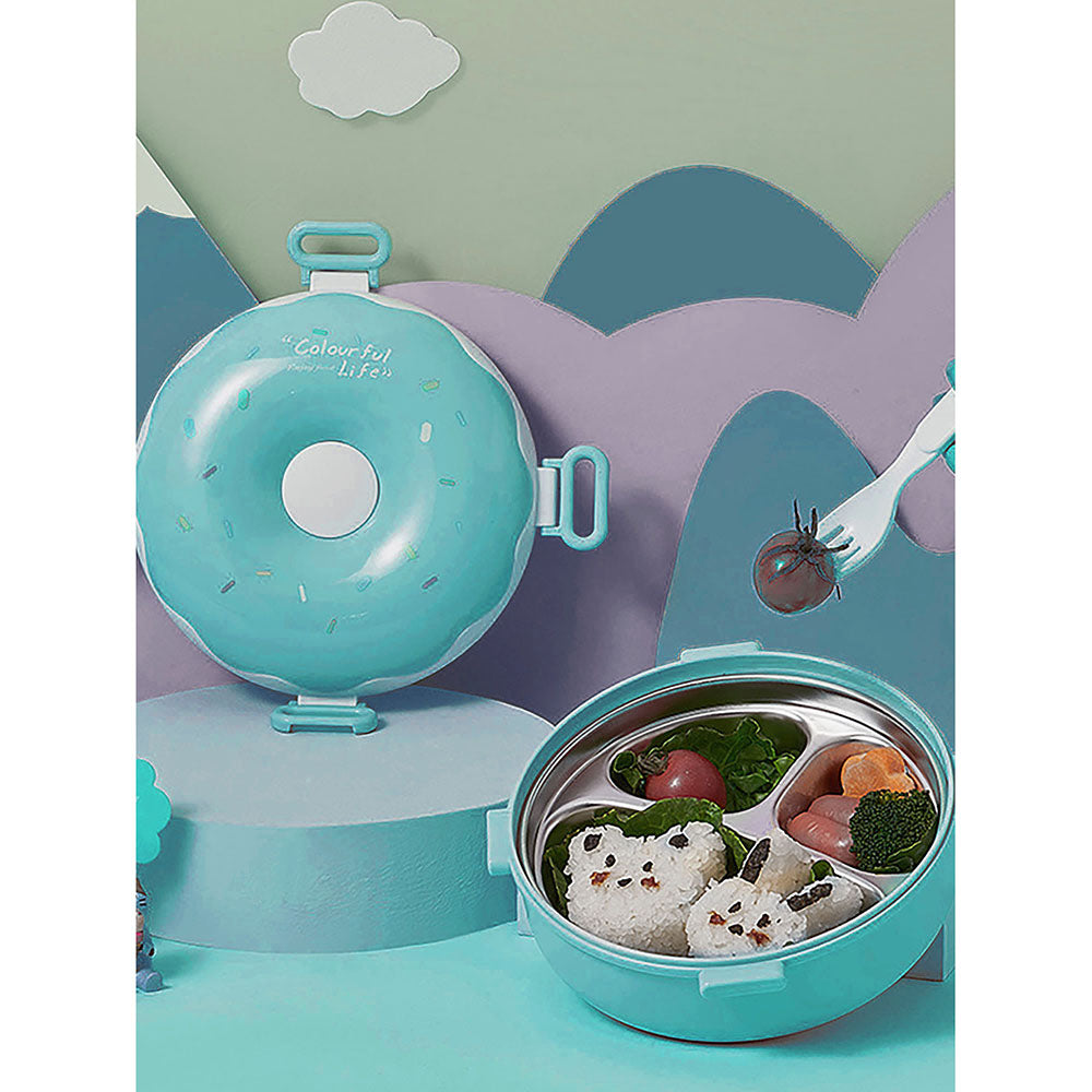 Little Surprise Box Teal Donut Medium Size, Stainless Steel Lunch Box with spoon and Fork for Kids & Adults, 300ml