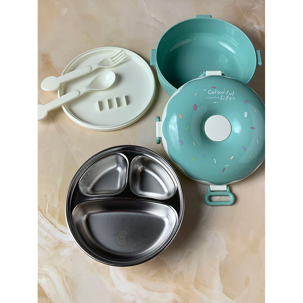 Little Surprise Box Teal Donut Medium Size, Stainless Steel Lunch Box with spoon and Fork for Kids & Adults, 300ml