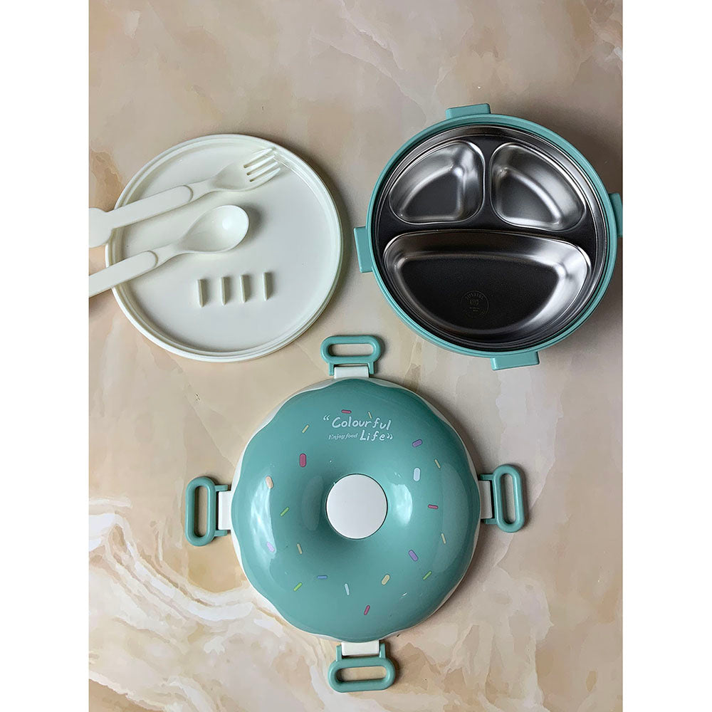 Little Surprise Box Teal Donut Medium Size, Stainless Steel Lunch Box with spoon and Fork for Kids & Adults, 300ml