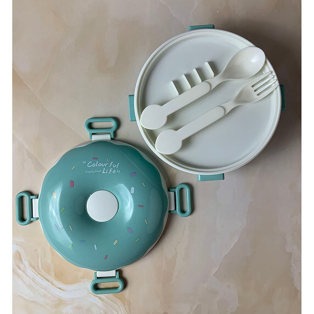 Little Surprise Box Teal Donut Medium Size, Stainless Steel Lunch Box with spoon and Fork for Kids & Adults, 300ml