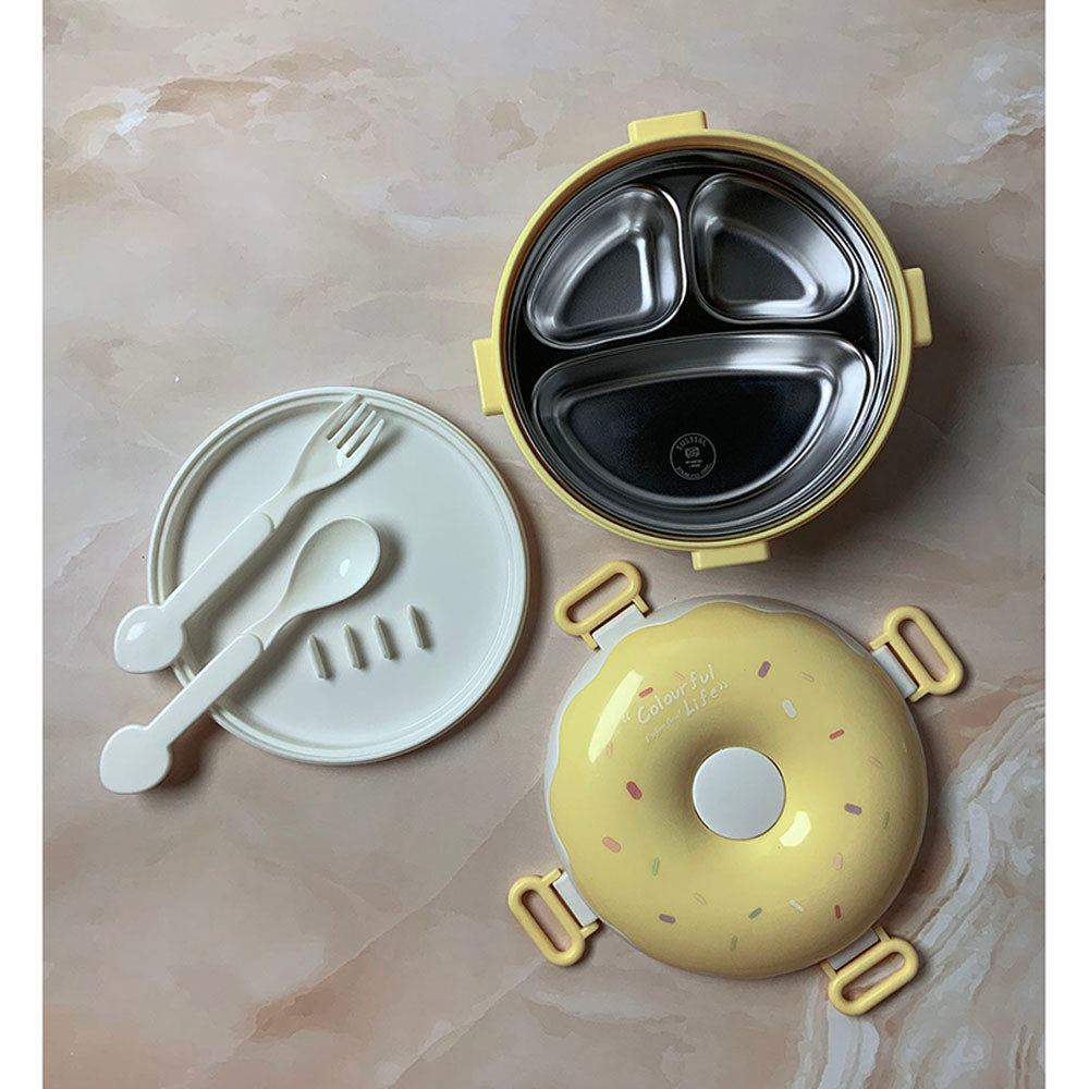 Little Surprise Box Yellow Donut Medium Size, Stainless Steel Lunch Box with spoon and Fork for Kids & Adults, 300ml