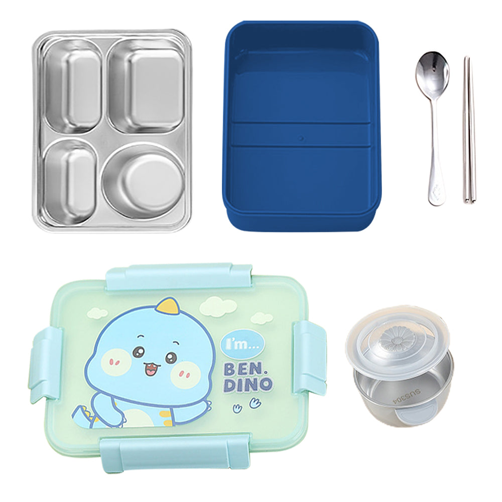 Little Surprise Box Big Size , Blue Dino theme Transparent Lid Double Lock Stainless Steel Kids Lunch /Tiffin Box.