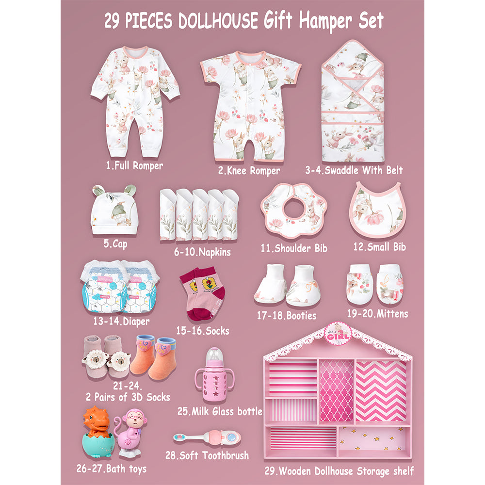 Newborn Baby Girl Wooden Dollhouse Gift Hamper (0-12 months)