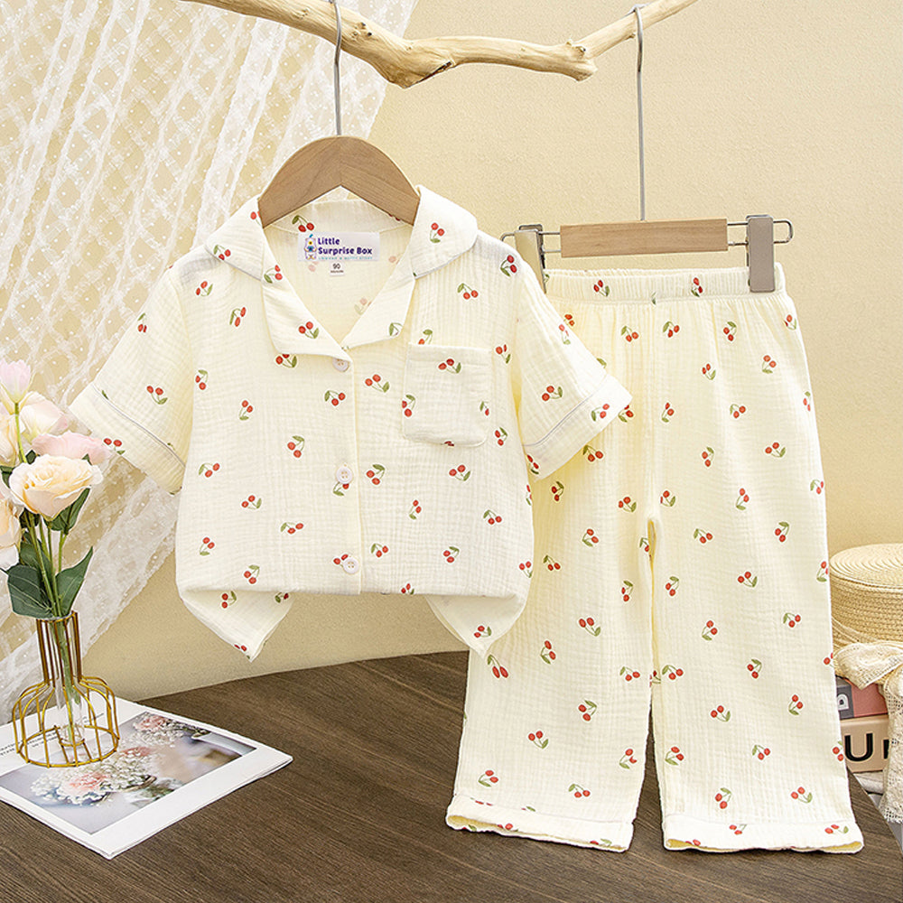 Little Surprise Box Cherry Print Soft Mulsin Organic Cotton Kids Nightsuit