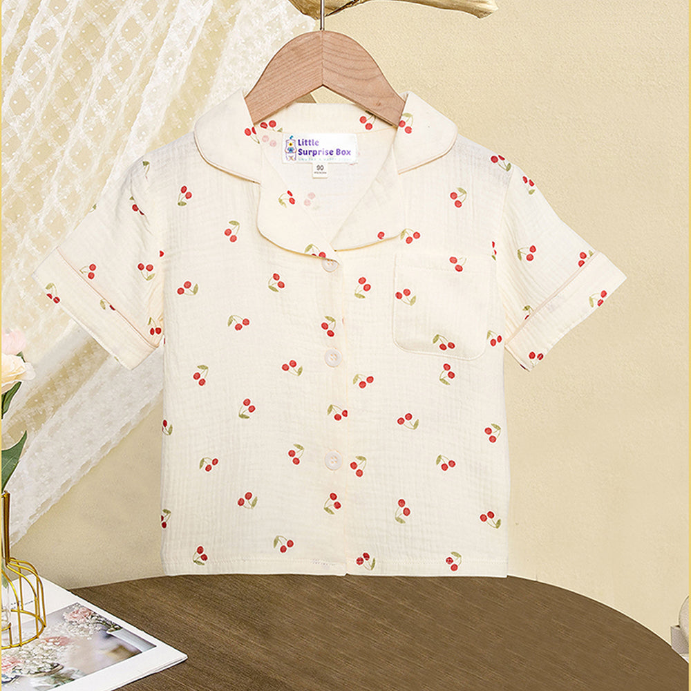 Little Surprise Box Cherry Print Soft Mulsin Organic Cotton Kids Nightsuit