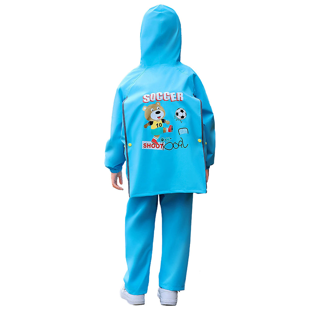 Little Surprise Box,2 Pcs Blue Soccer Ted, Full Shirt And Full Pants Style Raincoat For Kids