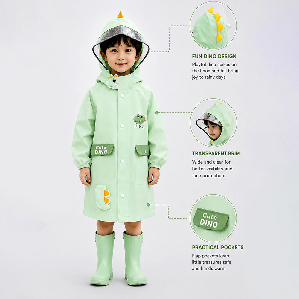 Child wearing a green raincoat with dinosaur design on a white background
