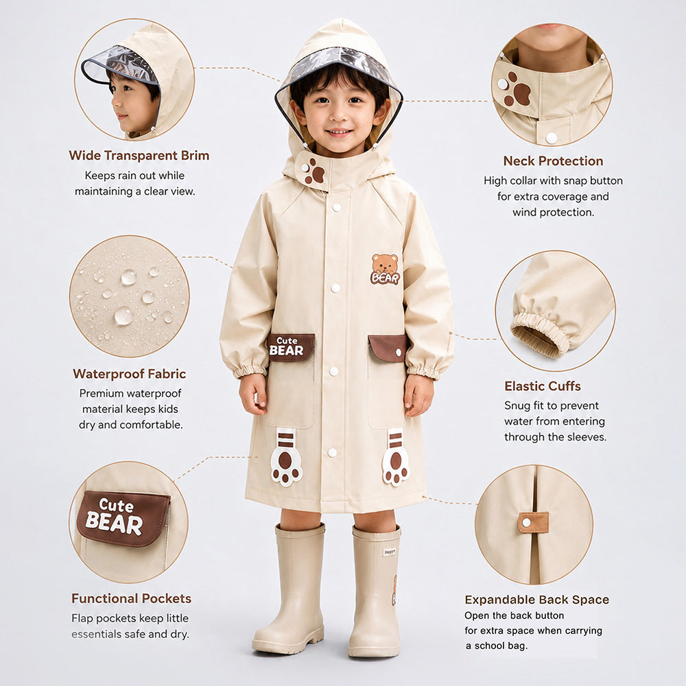 Child wearing a beige raincoat with features highlighted on a white background