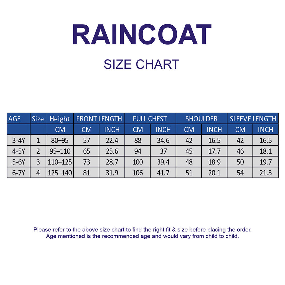 Raincoat size chart with age, height, and measurements for different sizes.