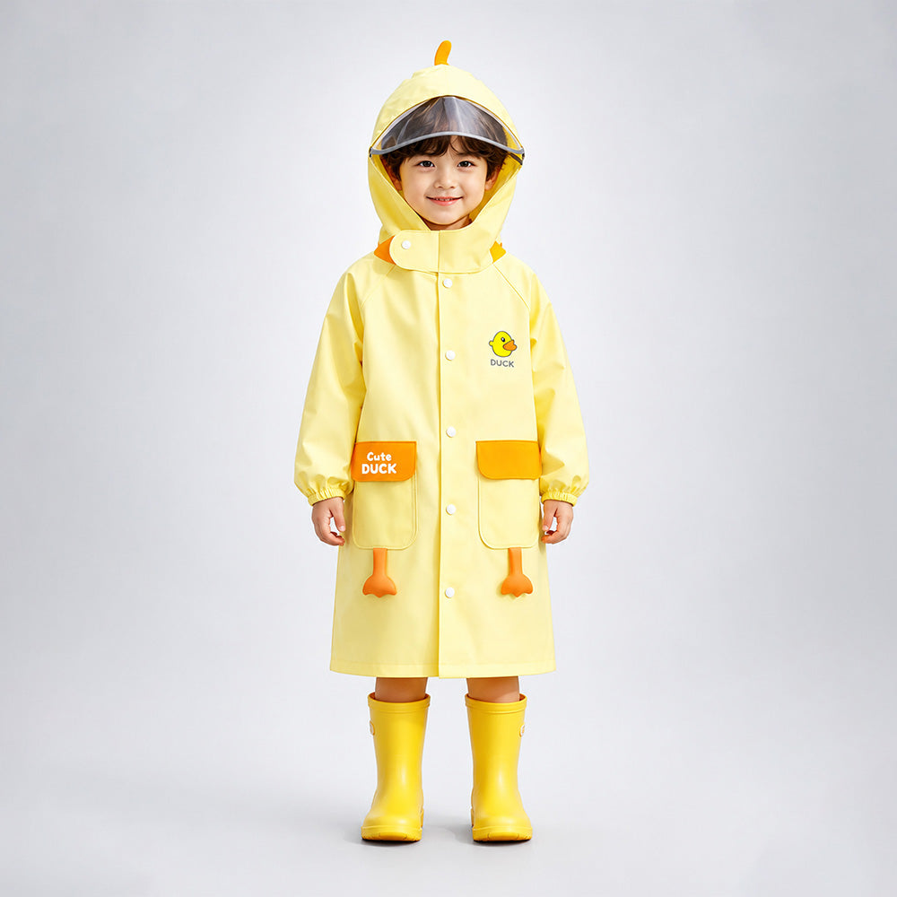 Child wearing a yellow raincoat with duck design on a gray background