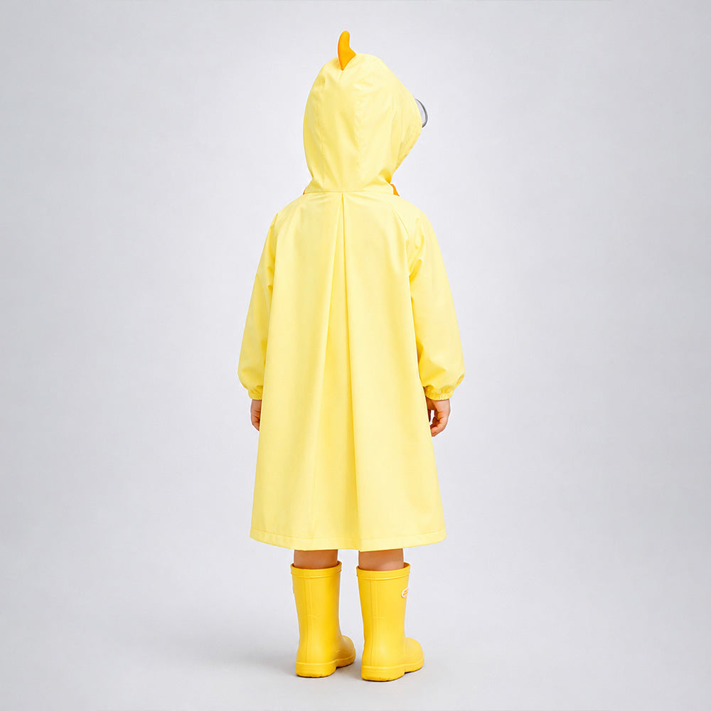 Person wearing a yellow raincoat and boots on a light gray background