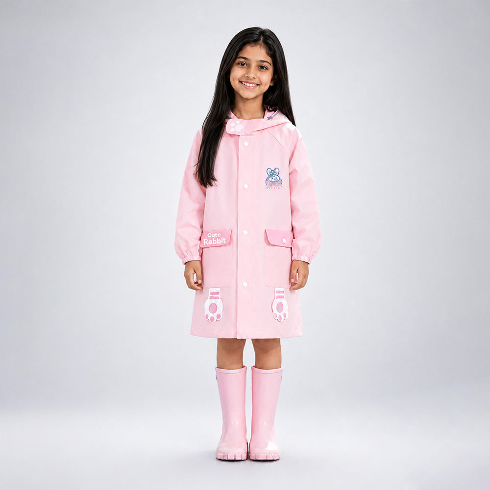 Young girl wearing a pink raincoat and boots on a white background