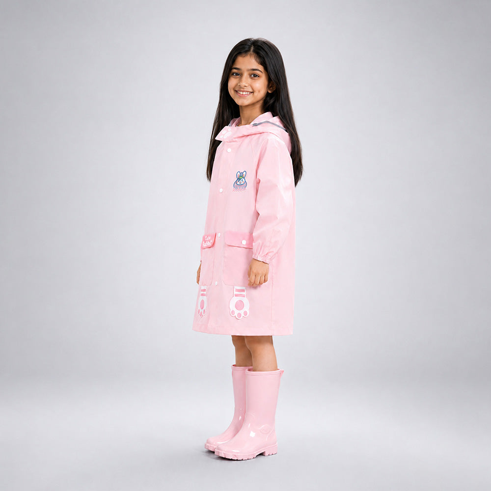 Young girl wearing a pink raincoat and boots on a gray background