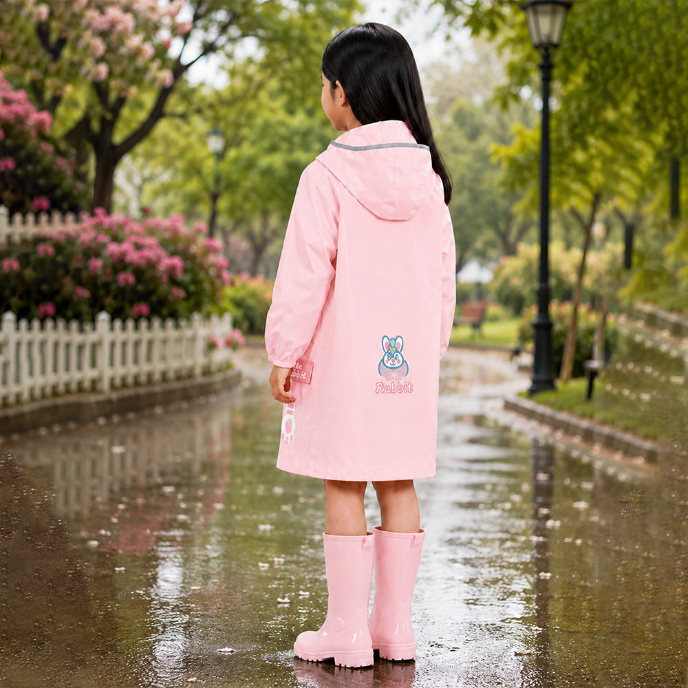 Child wearing a pink raincoat with a hood and matching pink rain boots standing on a wet pavement in a park.