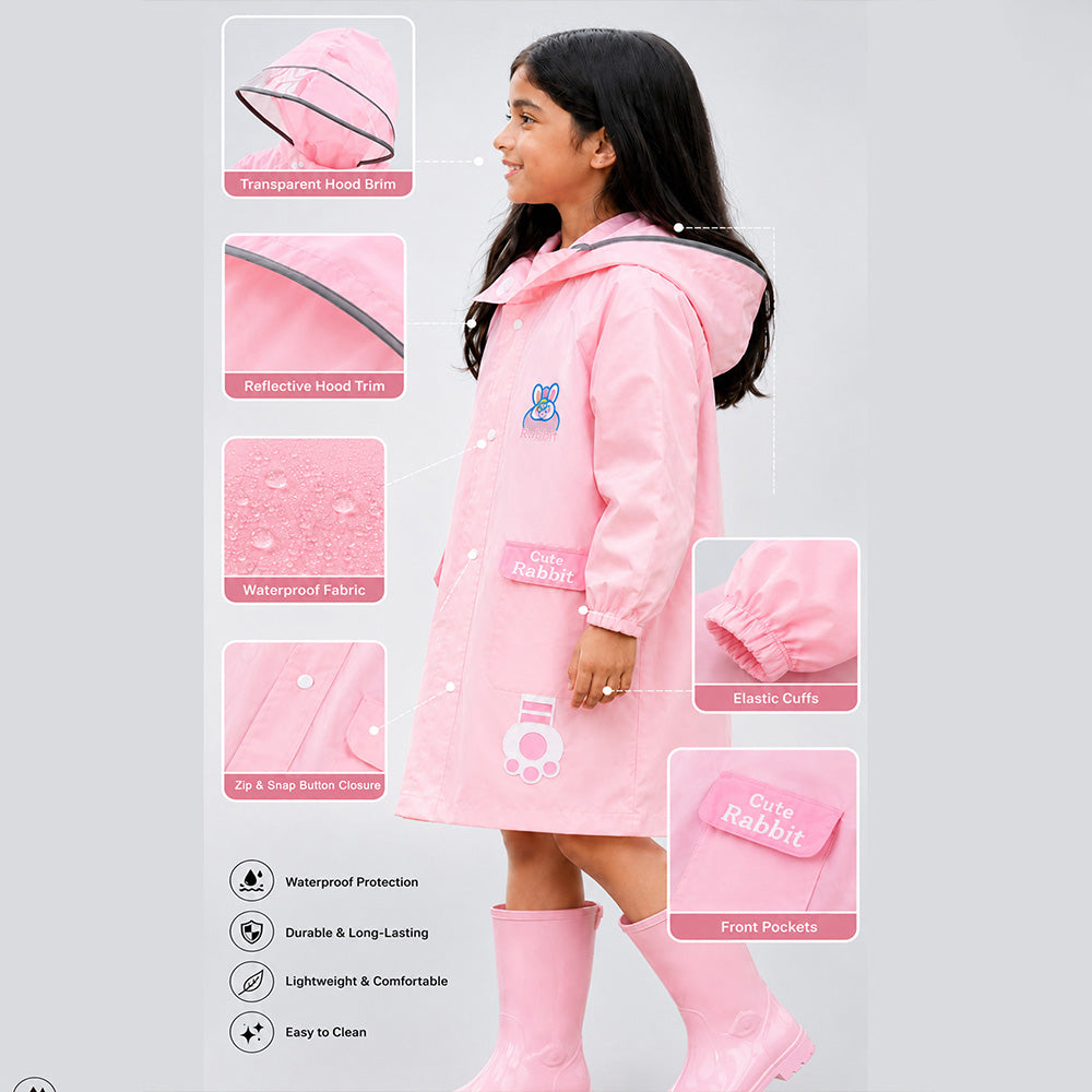 Girl wearing a pink raincoat with features highlighted on a gray background
