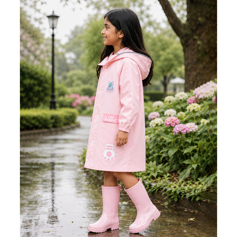 Child wearing a pink raincoat and boots in a park setting