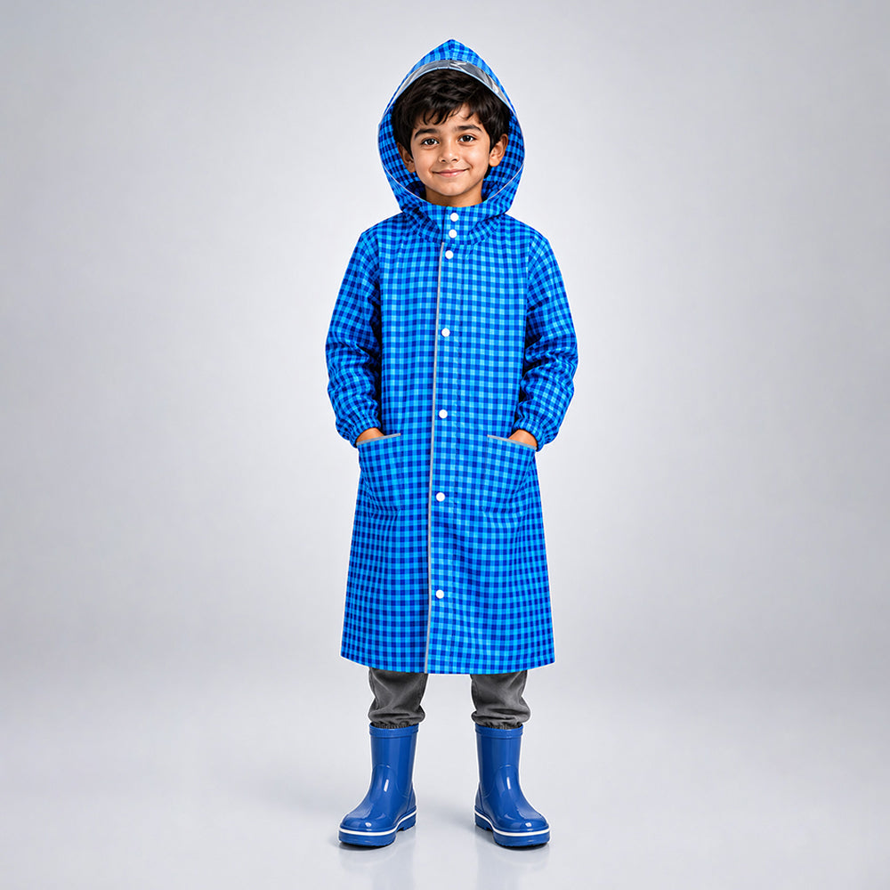 Blue Gingham Checks Knee-Length Raincoat for Kids - 6 to 9 Years