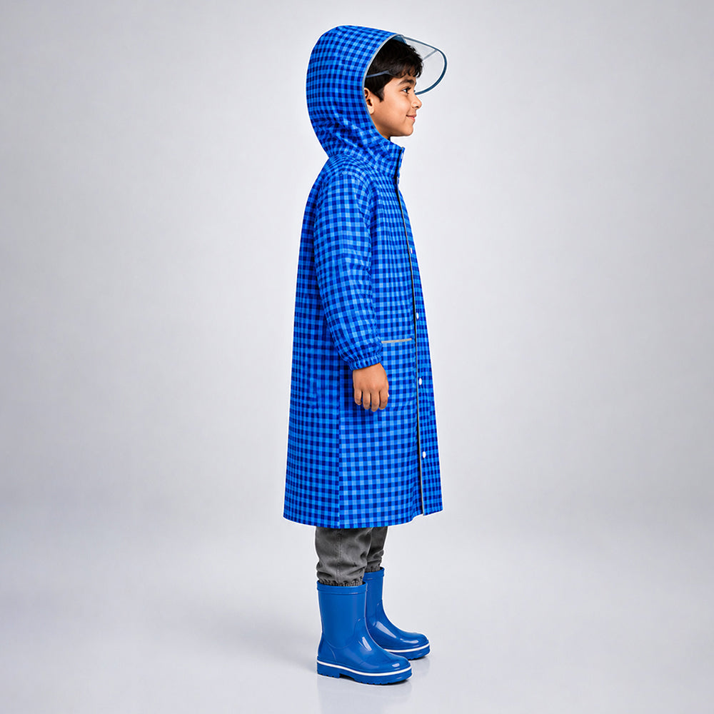 Blue Gingham Checks Knee-Length Raincoat for Kids - 6 to 9 Years