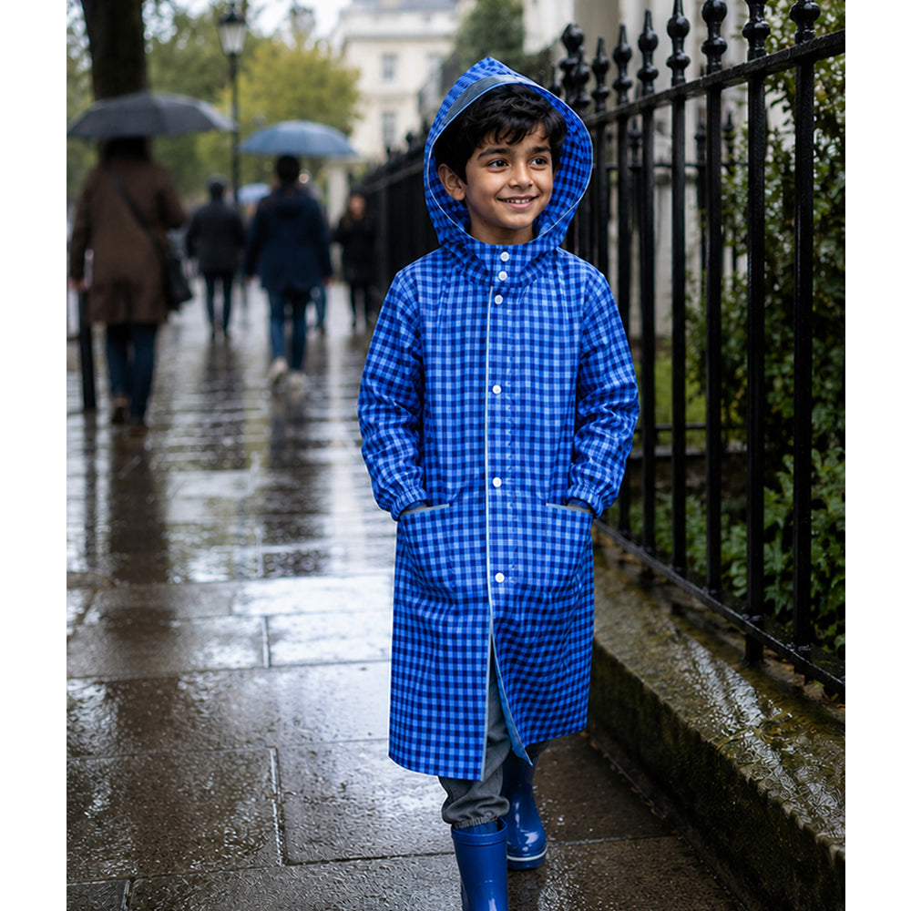 Blue Gingham Checks Knee-Length Raincoat for Kids - 6 to 9 Years
