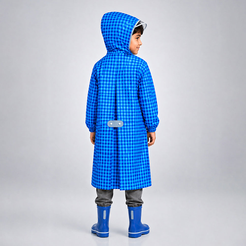 Blue Gingham Checks Knee-Length Raincoat for Kids - 6 to 9 Years