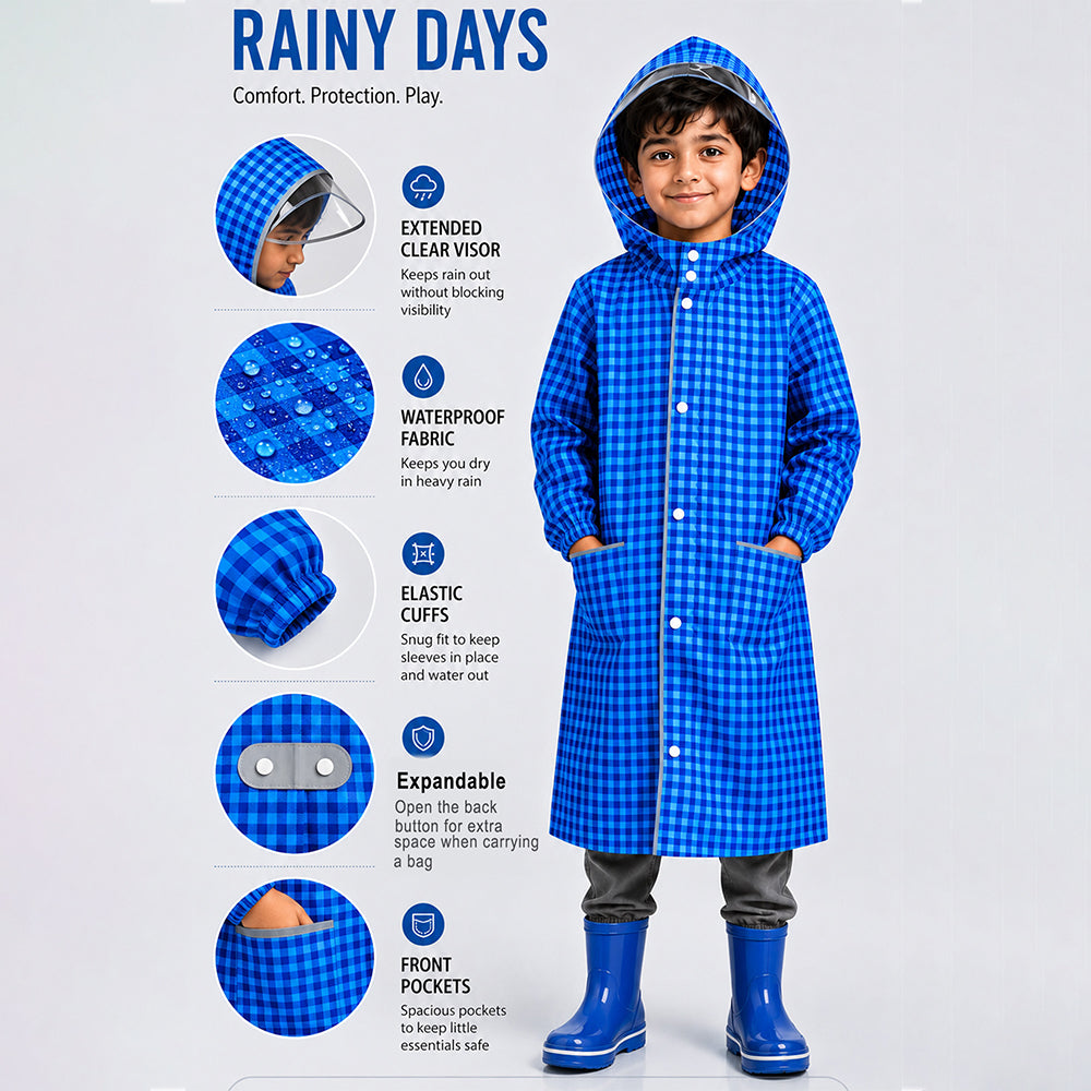 Blue Gingham Checks Knee-Length Raincoat for Kids - 6 to 9 Years
