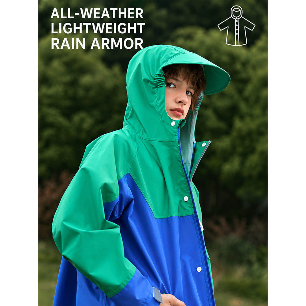 Child wearing a green and blue raincoat with text 'All-Weather Lightweight Rain Armor' against a blurred green background.