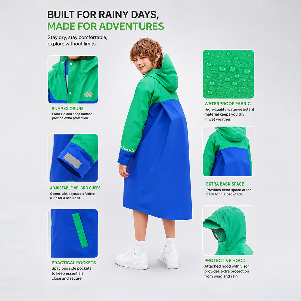 Green and blue raincoat with features highlighted on a white background