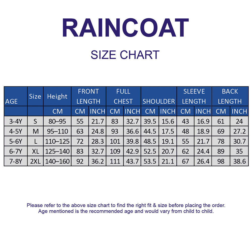 Raincoat size chart with age, height, and measurements for different sizes on a white background.