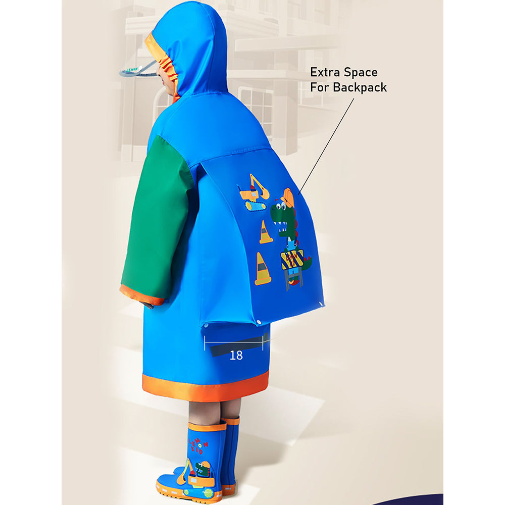 Little Surprise Box, Blue Green Sleeve Dino Digger Knee Length Raincoat For Kids