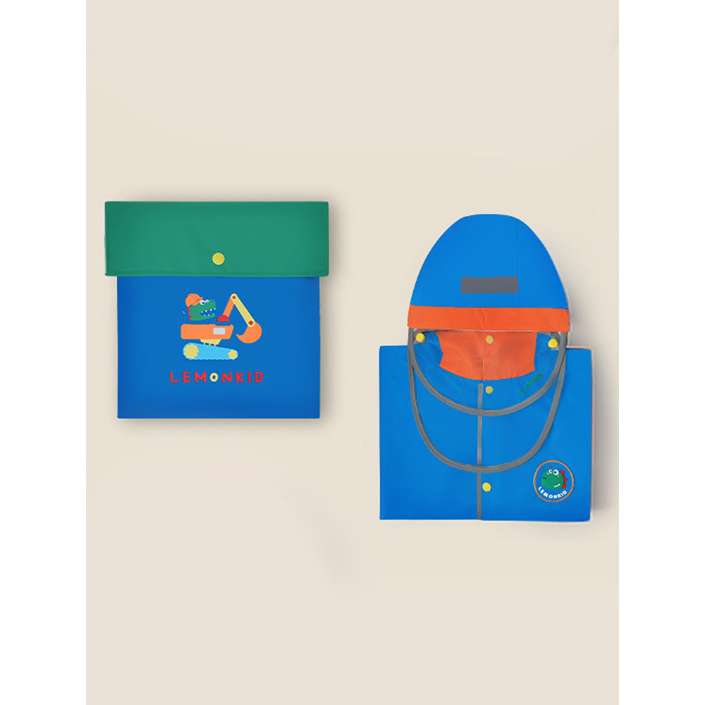 Little Surprise Box, Blue Green Sleeve Dino Digger Knee Length Raincoat For Kids