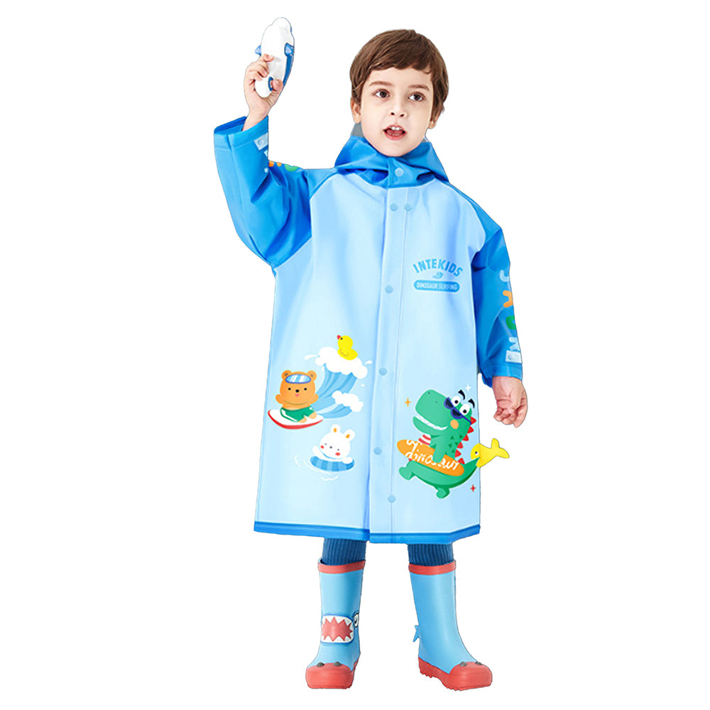 Little Surprise Box 3d Dino Blue Sleeves & Hood Knee Length Raincoat For Kids
