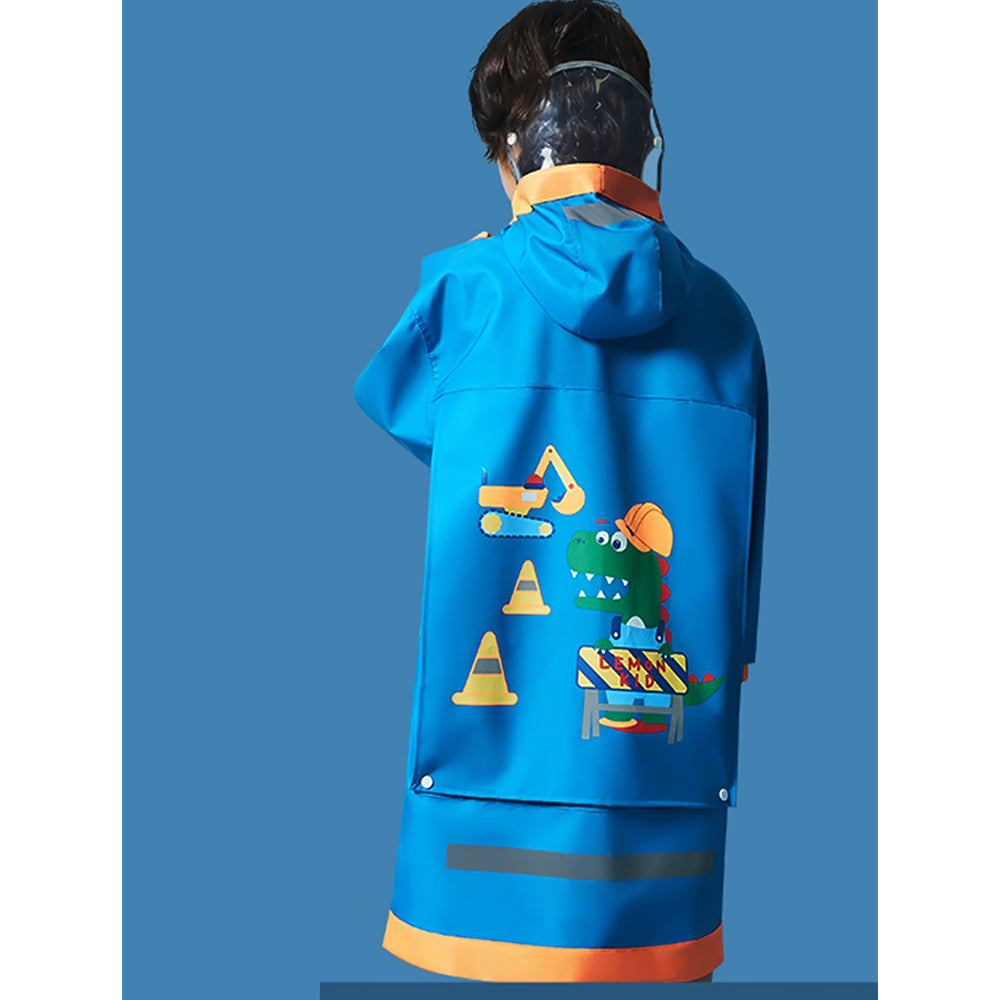 Little Surprise Box, Blue Orange Dino Digger Knee Length Raincoat For Kids
