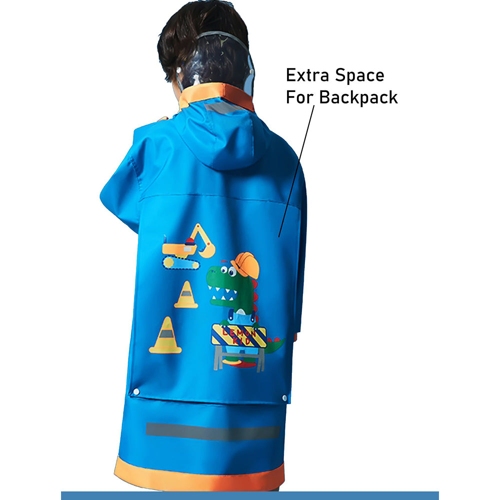 Little Surprise Box, Blue Orange Dino Digger Knee Length Raincoat For Kids