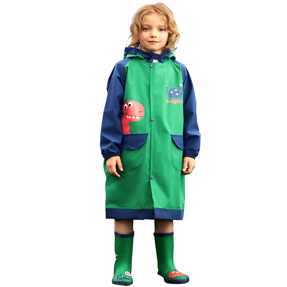 Bottle Green Dino Knee Length Raincoat For Kids