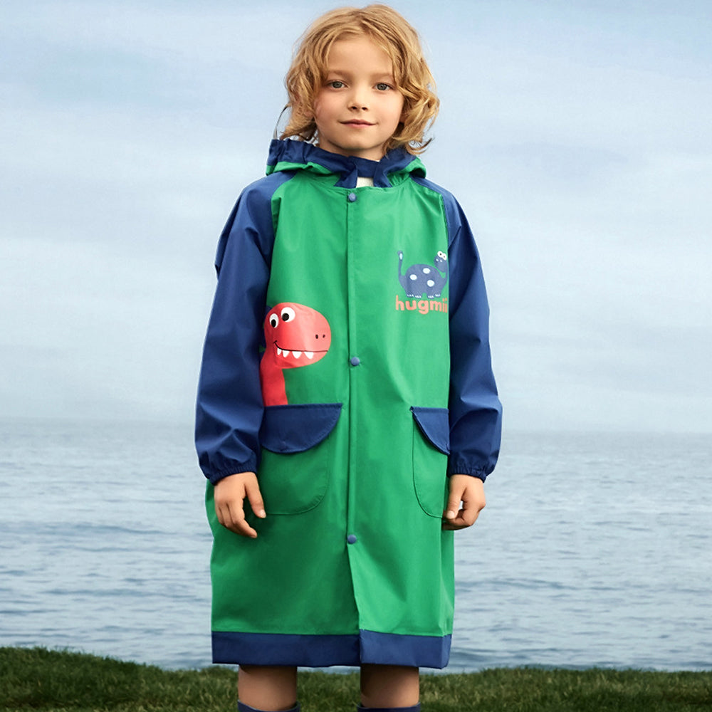 Bottle Green Dino Knee Length Raincoat For Kids