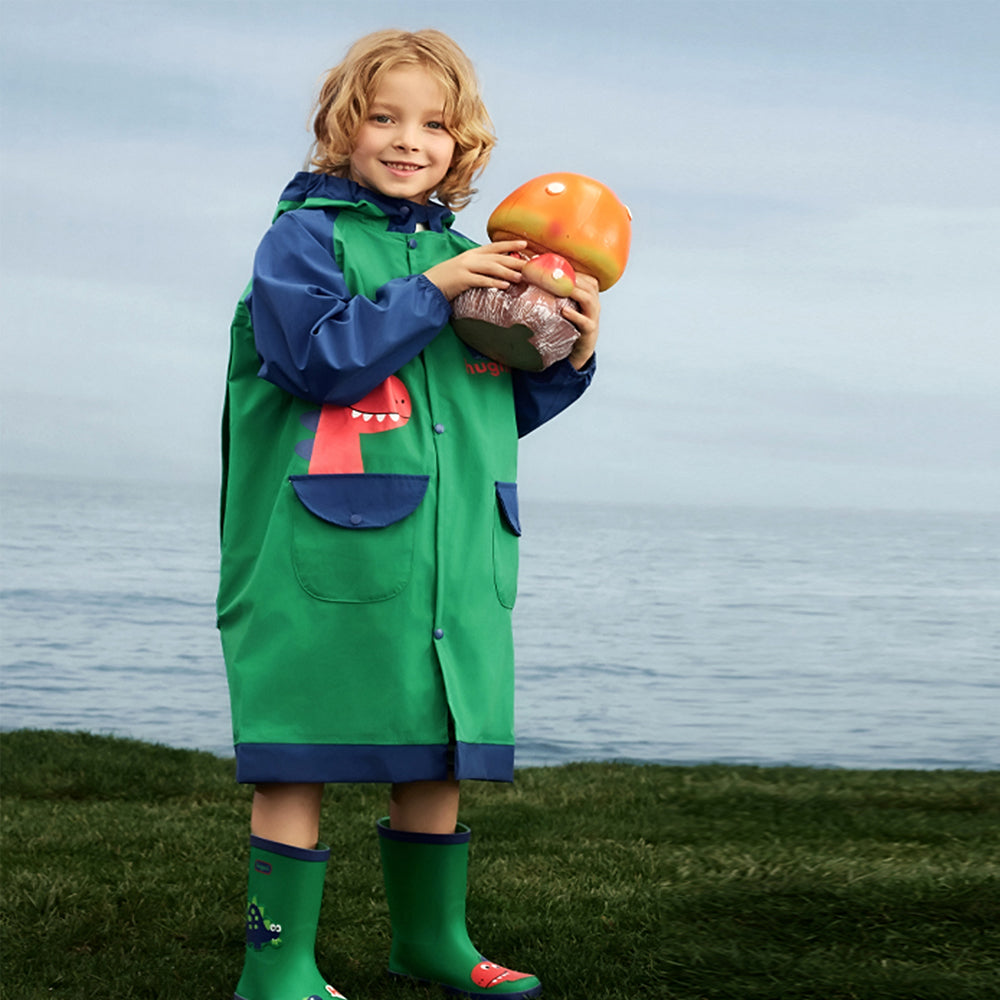 Bottle Green Dino Knee Length Raincoat For Kids