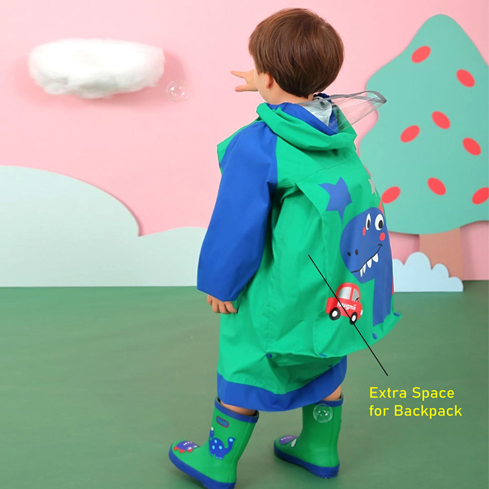 Bottle Green Dino Knee Length Raincoat For Kids