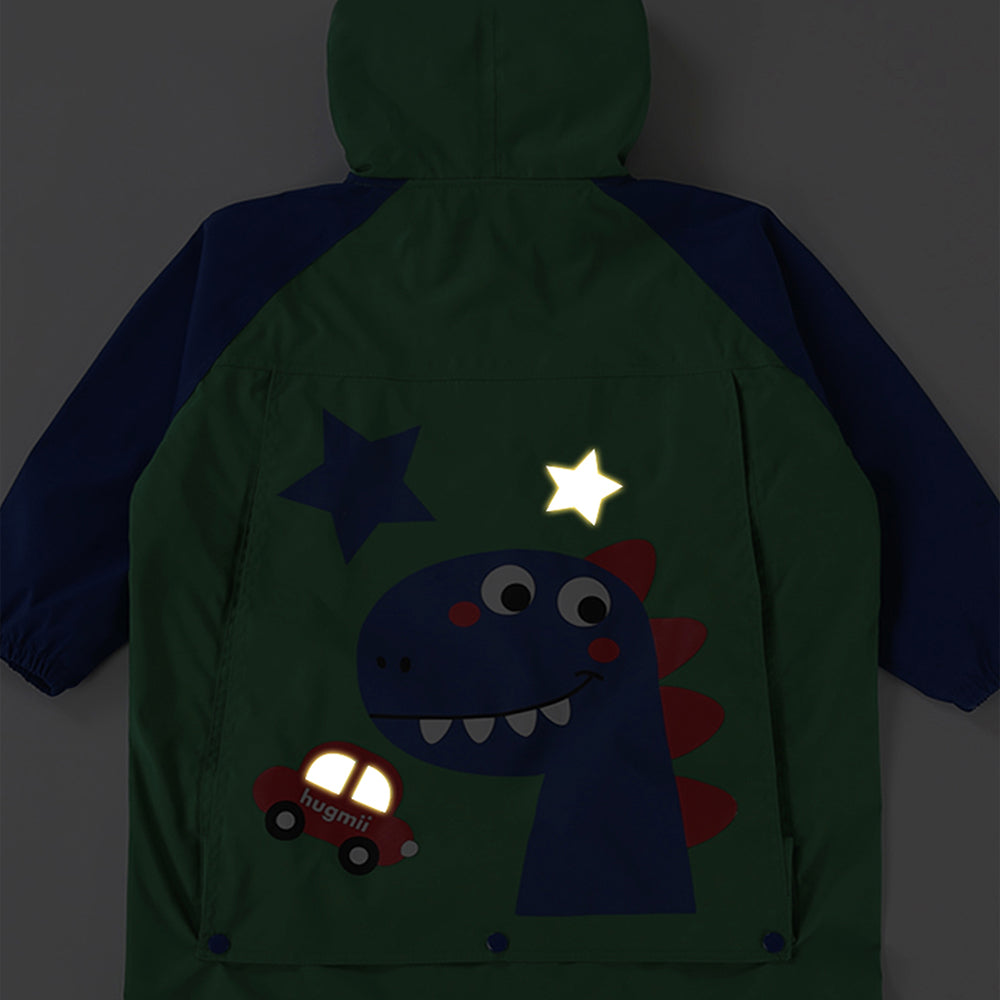 Bottle Green Dino Knee Length Raincoat For Kids
