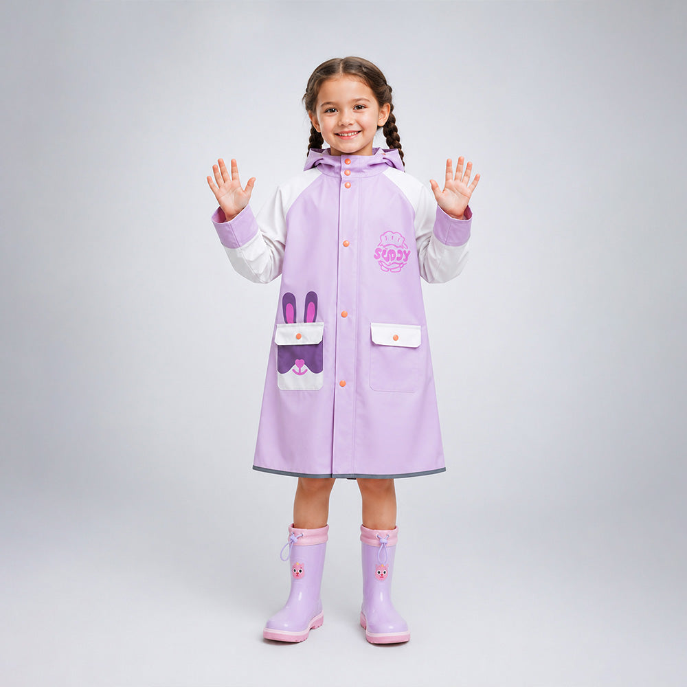 Child wearing a purple raincoat with bunny designs on a gray background