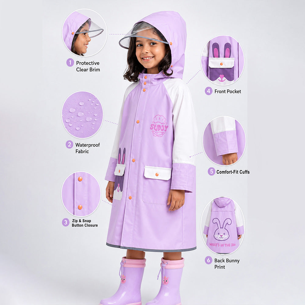 Child wearing a purple raincoat with features highlighted on a white background